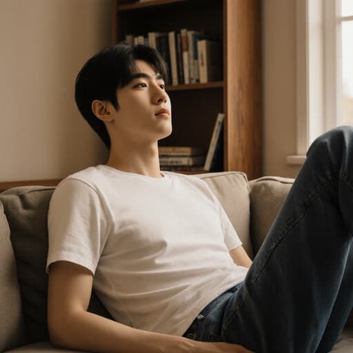 자연스러운 외모를 가진 10대 후반의 한국인 남성이 따뜻한 거실의 아늑한 소파에 앉아, 캐주얼한 티셔츠와 청바지를 입고 편안하고 평온한 표정을 지으며 약간 기대어 있는 모습. 책장과 창문이 배경을 이루고 있습니다.