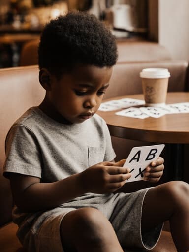 아늑한 카페에서 앉아 있는 3세 흑인 남자아이의 반신 사진. 그는 손에 들고 있는 알파벳 카드를 지루하게 바라보고 있으며, 다리를 뻗고 있고, 앞 테이블에는 알파벳 카드와 음료가 놓여 있다.