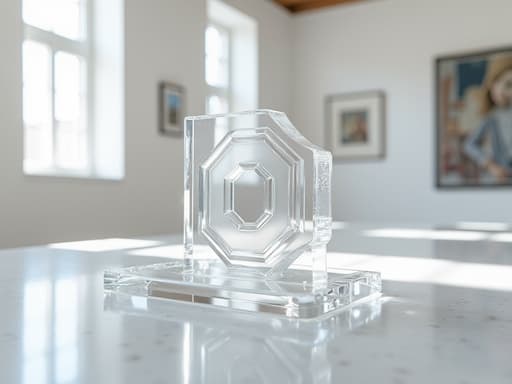 아크릴 정리함이 흰 벽과 예술 작품이 있는 아트 갤러리에 있어 차분하고 현대적인 예술적 분위기를 연출합니다.