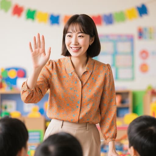 30대 한국인 여성의 반신 사진으로, 자연스러운 외모를 가진 그녀는 밝은 색상의 블라우스와 편안한 바지를 착용하고 있습니다. 그녀는 우아한 표정으로 아이들을 반갑게 맞이하며 손을 흔들고 있는 모습이 유치원 교실의 밝고 아기자기한 배경 속에서 담겨 있습니다.