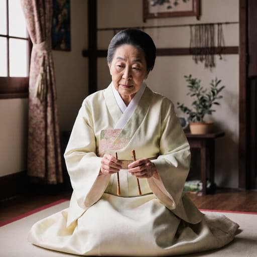 80대 혼혈 여성의 평온한 반신 사진으로 자연스럽고 온화한 외모를 가지고 있으며, 부드러운 파스텔톤의 전통 한복을 착용하고 있습니다. 그녀는 아늑한 거실 바닥에 앉아 전통 놀이 도구를 손에 쥐고, 마음의 여유를 느끼고 있는 집중한 표정을 지으며 있습니다. 방의 따뜻한 분위기가 그녀의 고요한 감정을 잘 드러내어 이미지를 더욱 초대하고 문화적으로 풍부하게 만듭니다.