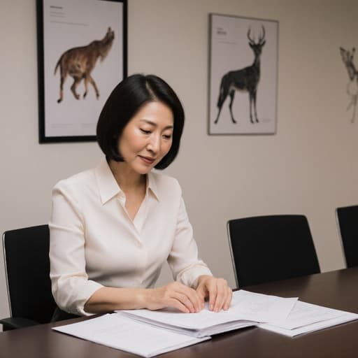 자신감 넘치는 50대 아시아계 여성이 전문적인 블라우스와 정장 바지를 입고 회의 테이블에 앉아 자료를 정리하고 있습니다. 회의실의 벽에는 동물 관련 포스터가 걸려 있어 독특하고 매력적인 환경을 만들어냅니다. 부드러운 조명이 전문적인 분위기에 따뜻함을 더합니다.