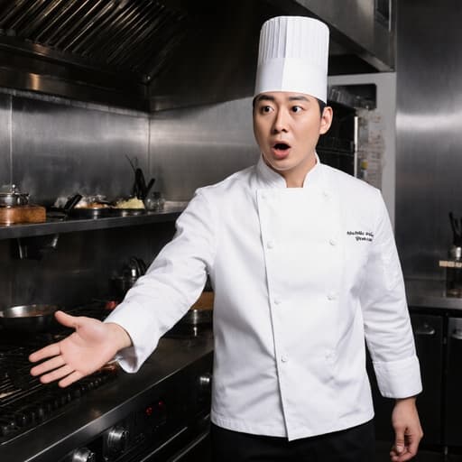 30대 한국인 남성 셰프의 반신 사진으로, 흰색 요리사 코트와 검은색 바지를 입고 있으며, 분주한 주방에서 오븐과 상호작용하고 있는 모습입니다. 그의 표정은 놀라움으로 눈이 크고 입이 약간 벌어져 있어 요리 환경에서의 흥분을 드러냅니다.