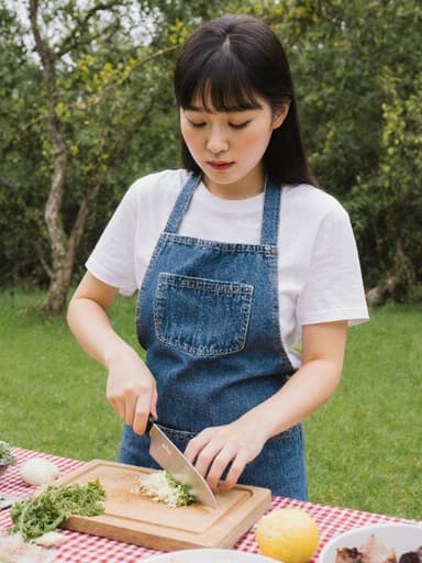 20대 동양인 여성이 캐주얼한 티셔츠와 청바지에 앞치마를 두르고 반신 사진으로 촬영되었습니다. 그녀는 칼을 들고 식재료를 다듬고 있으며, 걱정스러운 표정으로 요리에 집중하고 있습니다. 배경은 푸른 잔디와 나무, 덩굴이 있는 자연적인 피크닉 공간으로, 요리하는 분위기를 따뜻하게 만들어줍니다.