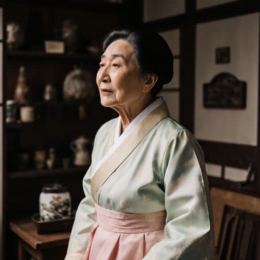 부드러운 파스텔 톤의 한복을 입고 있는 70대 혼혈 여성은 전통 소품이 장식된 아늑한 카페에서 이야기를 들려주는 듯 점프하며 활기찬 표정을 짓고 있습니다. 그녀의 자연스러운 아름다움이 따뜻하고 초대하는 분위기를 만들어내며, 문화 유산을 기념하는 장면을 연출합니다.