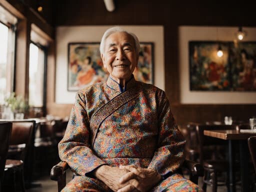 70대 혼혈 남성이 화려한 전통 무용 의상을 착용하고 아늑한 카페에 앉아 평온함과 기쁨을 발산하는 반신 샷.