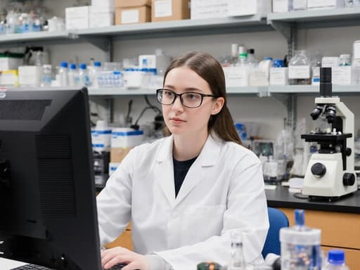 10대 후반의 백인 여성이 실험실 가운과 안경을 쓰고, 컴퓨터 모니터 앞에 앉아 차분하고 집중한 표정을 지으며 데이터를 분석하는 모습이 반신 촬영으로 담겨 있습니다. 배경은 다양한 실험 기구와 컴퓨터 장비가 있는 실험실 내부로, 그녀의 일에 대한 헌신을 강조하는 매력적인 환경을 제공합니다.