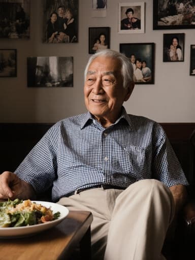 70대의 동양인 남성이 편안한 체크무늬 셔츠와 면바지를 입고, 따뜻하면서도 피곤한 미소를 지으며 다리를 뻗고 앉아 있습니다. 그는 가족과 함께 요리한 음식을 바라보며 대화하는 모습입니다. 배경은 가족 사진들이 걸린 아늑한 카페 내부로, 따뜻한 분위기를 자아냅니다.