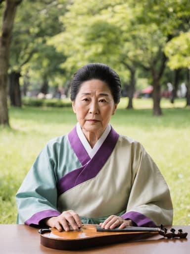 70대의 혼혈 여성의 반신 촬영으로, 전통적인 한국의상인 한복을 입고 자연스러운 아름다움을 보여줍니다. 그녀는 테이블에 앉아 악기를 손에 들고 걱정스러운 표정을 짓고 있으며, 푸른 나무와 잔디가 가득한 자연 친화적인 공원 배경이 있습니다.