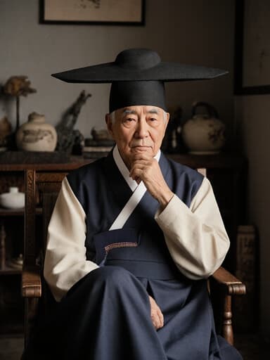 전통 한복을 입은 80대 혼혈 남성 모델이 아늑한 거실에 앉아 전통 한국 소품들로 둘러싸인 반신 샷입니다. 그는 약간 지루한 표정을 지으며, 경미한 피로감을 드러내고 있으며, 한 손은 무릎에 올리고 다른 손은 턱을 괴고 있어, 설정의 문화적 분위기와 잘 어우러진 사려 깊은 자세를 보여줍니다.