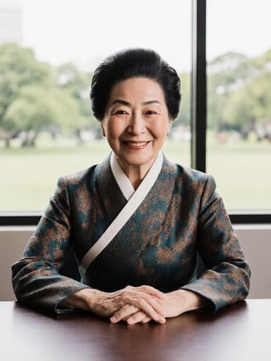 70대 유럽계 여성이 전통적인 한복 스타일의 의상을 입고 회의실 테이블에 앉아 미소 짓고 있습니다. 그녀의 손은 테이블 위에 부드럽게 얹혀 있으며, 회의실 창을 통해 보이는 공원 풍경이 전문성과 자연의 아름다움을 완벽하게 조화롭게 만듭니다.