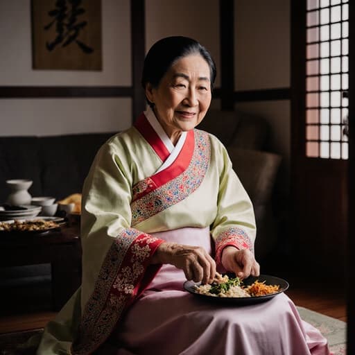 전통 한복을 입고 있는 80세 아시아계 여성의 반신 촬영으로, 크로스 레그로 앉아 전통 음식을 준비하기 위해 재료를 손에 쥐고 미소를 짓고 있는 모습이 아늑한 거실의 전통 소품과 조화를 이루고 있습니다.