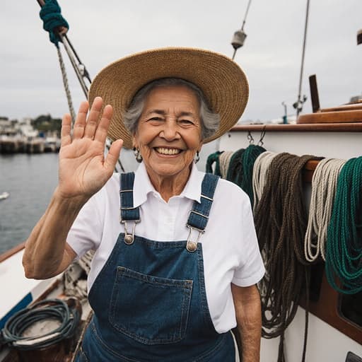 50대의 밝게 웃고 있는 라틴계 여성의 반신 촬영, 전통 어부의 작업복과 모자를 착용하고 작은 어선의 갑판에서 어업 장비에 둘러싸여 인사하며 손을 흔드는 모습, 따뜻하고 초대하는 분위기를 전달합니다.