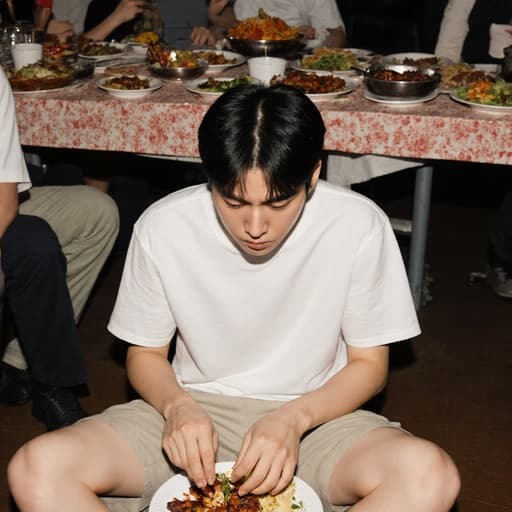 자연스러운 외모를 가진 10대 후반 한국 남성이 캐주얼한 티셔츠와 반바지를 입고 있는 반신 사진입니다. 그는 바닥에 앉아 지루한 표정과 약간의 실망감을 드러내며 바베큐 접시 위의 음식을 만지작거리고 있습니다. 배경에는 다이닝룸에서 바베큐 파티가 열리고 있으며, 다양한 음식이 차려진 식탁이 있는 활기찬 분위기를 연출하고 있습니다.