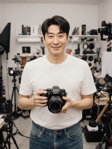 40대 한국인 남성이 자연스러운 외모로 편안한 티셔츠와 청바지를 입고 카메라를 들고 사진 촬영을 준비하는 모습의 전신 사진. 다양한 사진 장비와 예술적인 소품으로 꾸며진 촬영 공간에서 열정적인 표정을 지으며 창의적인 분위기를 자아내고 있습니다.