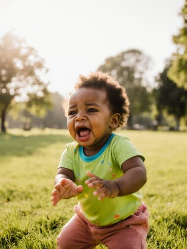 밝은 색의 티셔츠와 편안한 바지를 입은 1세 아프리카계 여성 아기의 반신 촬영으로, 배고픈 표정을 지으며 입을 모으고 두 손을 앞으로 내미는 모습이 담겨 있습니다. 배경은 푸른 잔디와 나무가 있는 공원으로, 아침 햇살이 따뜻하게 비추고 있습니다.