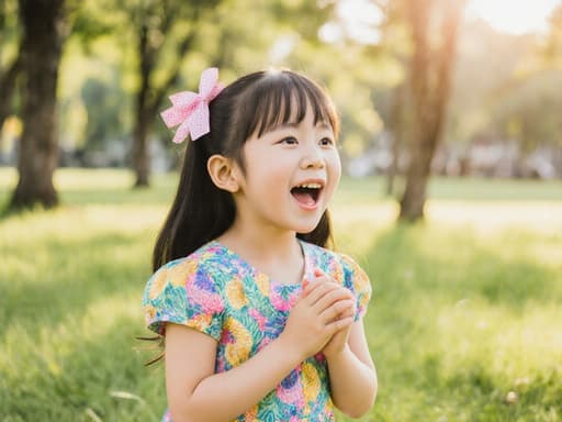 사랑스러운 표정을 지으며 밝은 색의 드레스를 입고 리본을 장식한 7세 한국인 소녀가 따사로운 햇살 아래 공원에서 행복하게 노래 부르는 모습의 반신 사진.