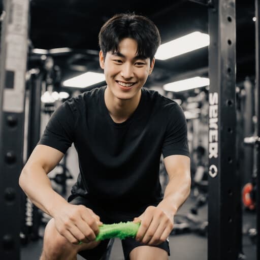 20대의 자연스러운 외모를 가진 한국 남성이 긍정적인 감정을 표현하며 자연스러운 미소를 짓고 있는 반신 사진입니다. 그는 스포츠 티셔츠와 운동 반바지, 운동화를 착용하고 있으며, 운동 장비를 정리하고 청소하는 자세로 주변 물체와 자연스럽게 상호작용하고 있습니다. 배경에는 다양한 운동 기구와 밝은 조명이 있는 헬스장 내부가 보이며, 에너지가 넘치고 동기를 부여하는 분위기를 만들어냅니다. 전체적인 구성은 모델의 피트니스와 웰빙에 대한 연결을 강조하여 매력적이고 친근한 이미지를 만듭니다.