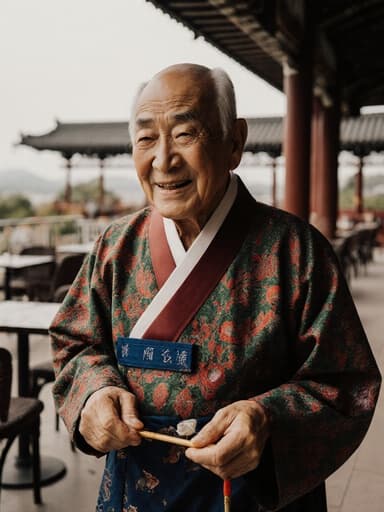 이 이미지는 전통 한복을 입고 천천히 카페 테라스에서 걷고 있는 80세 아시아 남성을 보여줍니다. 그는 전통 놀이 도구를 들고 있으며, 따뜻함과 고마움을 표현하고 있습니다. 평화로운 카페 배경 속에서 문화적인 조화를 이루는 장면입니다.