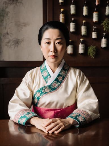 40대 아시아계 여성이 전통 한복을 입고 상담실의 테이블에 앉아 손을 얹고 지루한 표정을 짓고 있습니다. 치료에 무관심한 모습으로, 상담실은 전통적인 요소로 꾸며져 있으며 한쪽 벽에는 한방 약재가 진열되어 있어 차분하면서도 무관심한 분위기를 자아냅니다.