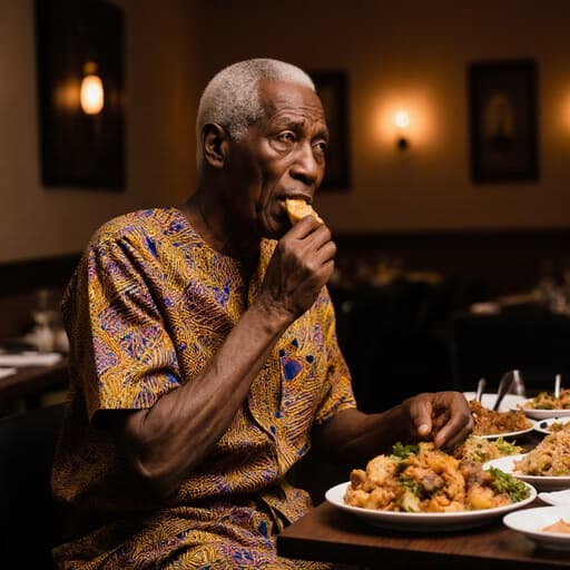 60세의 아프리카계 남성이 전통 의상을 입고 음식의 맛을 보며 걱정스러운 표정을 짓고 있는 모습의 반신 사진, 아늑한 식당 내부에 다양한 음식들이 진열되어 있는 장면입니다.