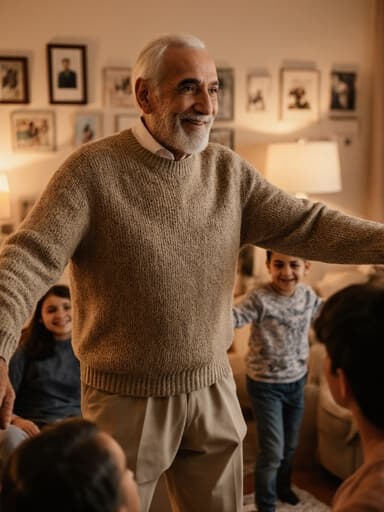 80대 중동계 남성이 아늑한 거실에서 가족과 함께 춤추며 기쁘게 리드하는 모습의 전신 사진. 그는 편안한 니트 스웨터와 바지를 입고 있으며, 가족을 바라보며 지혜로운 미소를 짓고 있습니다.