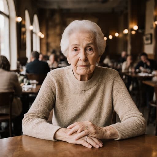 70대 유럽계 여성이 카페에서 기다리며 지루한 표정을 지은 반신 사진입니다. 편안한 니트 스웨터와 슬랙스를 입고, 손을 테이블에 얹고 있는 모습이며, 다른 손님들이 있는 따뜻하고 아늑한 카페 분위기 속에 있습니다.