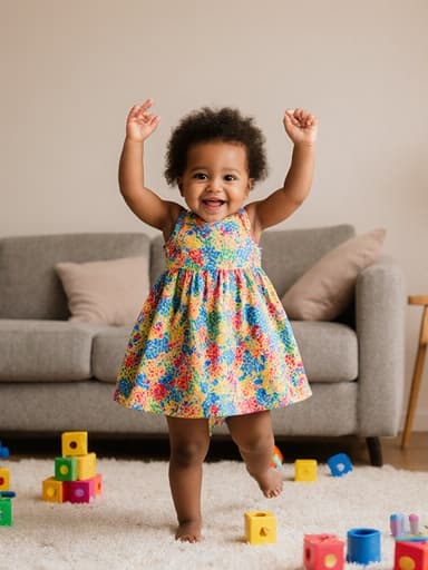 이 이미지는 밝은 아기 원피스를 입고 손을 위로 올리며 즐겁게 춤추고 있는 혼혈 1세 아기 소녀를 보여줍니다. 소파와 장난감이 가득한 아늑한 거실이 배경입니다.