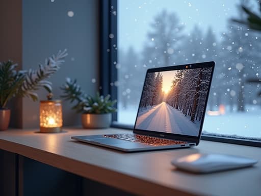 노트북, 디지털 기기, 큰 창문을 통해 내리는 눈, 겨울 풍경, 따뜻한 실내 조명, 아늑하고 평화로운