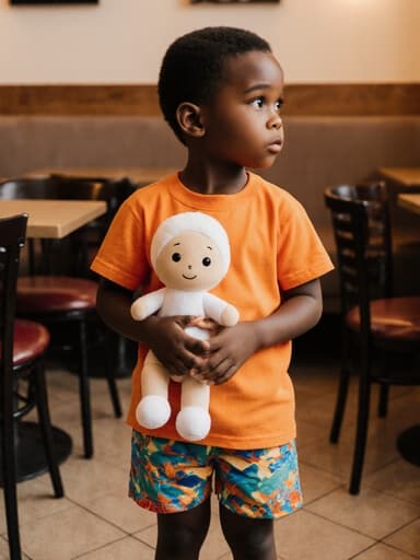 아늑한 카페에서 귀여운 3세 아프리카계 남성 아이의 전신 샷. 그는 밝은 색상의 티셔츠와 반바지를 입고 있으며, 두 손으로 인형을 잡고 지루한 표정으로 주변을 바라보고 있습니다. 카페의 따뜻한 분위기는 배경의 테이블과 의자 배치로 강조됩니다.
