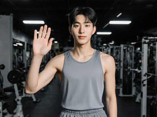 건강하고 활기찬 초등학생 한국 남성이 운동복을 입고 평온한 표정으로 팔을 살짝 들어 인사하며, 밝은 운동 센터의 배경이 어우러져 생동감 넘치는 분위기를 연출합니다.