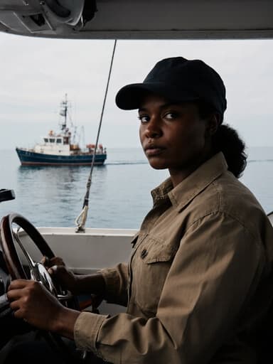 30대 흑인 여성이 작업복과 모자를 착용하고 어선에 앉아 조타 손잡이를 잡고 찡그린 표정으로 고민에 빠져 있는 모습의 반신 촬영, 배경은 조용한 바다와 어선이 떠 있는 수평선.