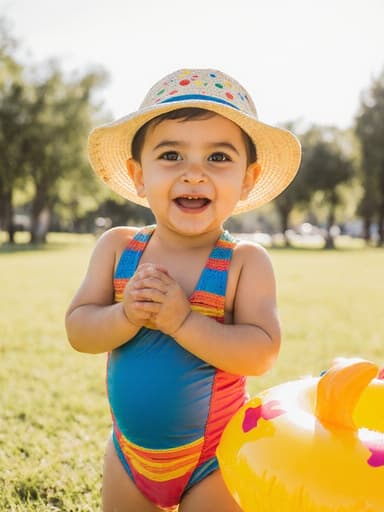 밝은 색상의 수영복과 모자를 쓴 1세 남성 중동계 아기 전체 사진, 손을 모은 채 물놀이를 기다리는 자세로 서 있으며, 배고픈 표정과 장난기 가득한 눈빛을 보이고 있는 모습, 햇살이 내리쬐는 공원 배경에서의 장면.