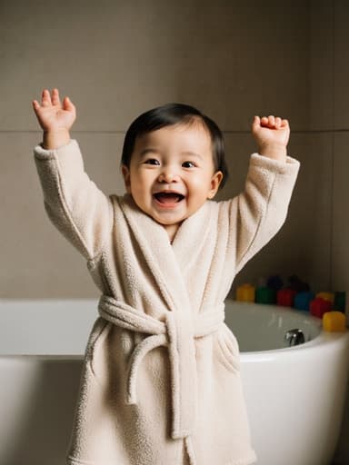 부드러운 색상의 목욕 가운을 입은 즐거운 표정을 짓고 있는 1세 동양인 여성 아기가 팔을 위로 뻗으며 웃고 있는 모습이 밝고 아늑한 욕실 배경과 욕조, 그리고 주변에 놓인 장난감들과 함께 펼쳐져 즐거운 분위기를 연출합니다.