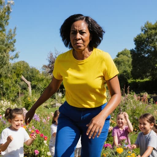 60대 흑인 여성이 화창한 유치원 정원에서 아이들에게 가르치며 점프하는 모습, 다양한 꽃과 나무가 있는 배경 속에서 밝은 의상을 입고 자연스러운 외모를 보여주며, 차가운 표정과 약간의 불만을 드러내며 학생들과 활발히 상호작용하는 이미지입니다.