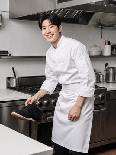 한창 성장 중인 한국인 남성 10대 초반이 흰색 요리사 복장과 앞치마를 입고 따뜻한 미소를 지으며 한쪽 발을 들어 올려 신발을 신으려는 모습이 깔끔하게 정돈된 주방에서 자연스럽게 연출되어 있습니다. 친근하고 편안한 분위기를 자아냅니다.