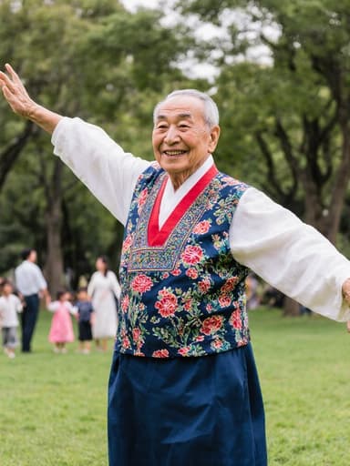 80대 아시아계 노인이 화려한 전통 한복을 입고, 만족스러운 미소를 지으며 팔을 넓게 펼치고 우아하게 춤추고 있는 모습의 전신 사진. 배경에는 가족들이 함께 즐겁게 놀고 있는 푸르른 공원이 펼쳐져 있습니다.