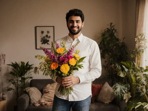 30대 중동계 남성이 자연스러운 외모로 캐주얼한 셔츠와 청바지를 입고, 아늑한 거실에서 꽃꽂이를 들고 행복한 미소를 짓고 있습니다. 식물과 꽃들이 장식된 배경이 따뜻하고 초대하는 분위기를 연출합니다.