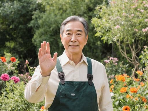 50대 한국인 남성이 편안한 작업복을 입고 밝고 화사한 정원에서 가볍게 손을 흔들며 자신감 넘치는 모습으로 정원 설계사로서의 역할을 보여주고 있습니다.