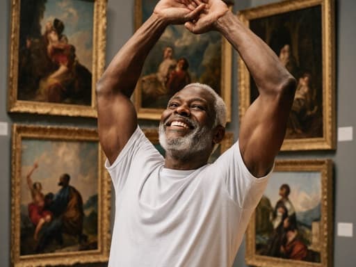 50대의 친근한 외모를 가진 흑인 남성이 편안한 티셔츠와 운동복 바지를 착용하고 아름다운 예술 작품들이 전시된 갤러리에서 팔을 위로 쭉 뻗으며 스트레칭하는 모습의 반신 사진. 영감을 주고 기분을 좋게 하는 분위기를 연출합니다.
