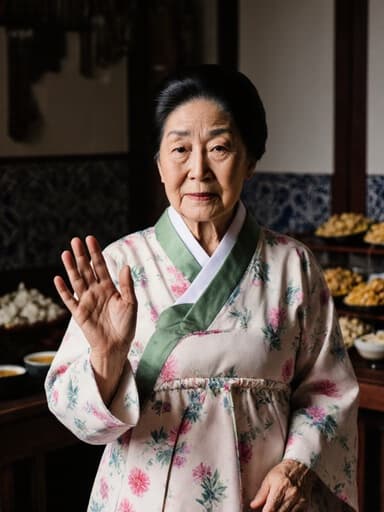 80대 동양인 여성이 자연스러운 외모로 꽃무늬가 수놓아진 전통 한복을 입고 있는 반신 샷입니다. 그녀는 지루한 표정을 지으며 손을 가볍게 들어 인사하는 자세를 취하고 있으며, 아늑한 전통 찻집의 배경에서 한국 다과가 놓여 있습니다.