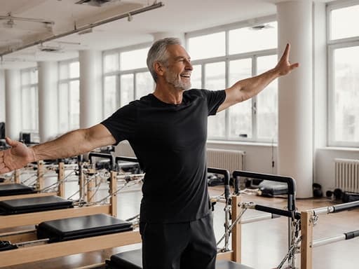 50대 유럽계 남성이 건강한 체격으로 스포츠웨어와 편안한 운동화를 착용한 반신 촬영입니다. 그는 열정적이고 친근한 표정을 지으며 필라테스를 가르치는 데 대한 열의를 나타내고 있습니다. 팔을 벌린 자세로 학생들을 안내하는 모습이 돋보이며, 현대적인 필라테스 센터의 배경에는 다양한 필라테스 기구와 밝은 조명이 있어 매력적이고 역동적인 분위기를 만들어냅니다.