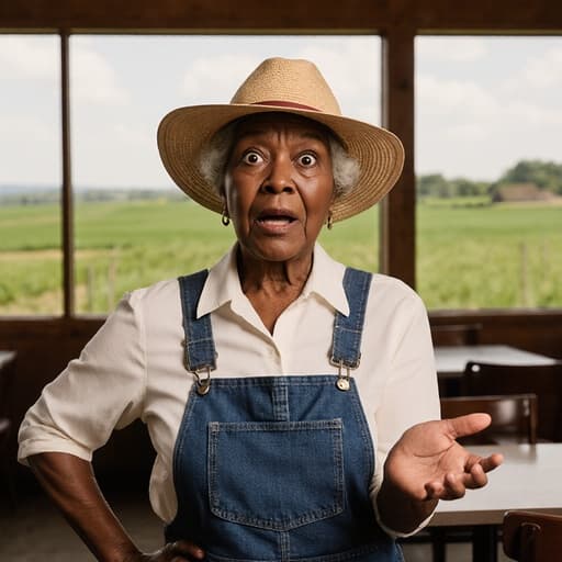 60대 흑인 여성이 농부 작업복과 햇볕을 가리는 모자를 쓰고, 한 손을 허리에 두고 다른 손으로 스트레칭을 하며 놀란 표정을 짓고 있는 모습의 반신 사진. 넓은 카페의 실내에서 푸른 들판이 보이는 배경.