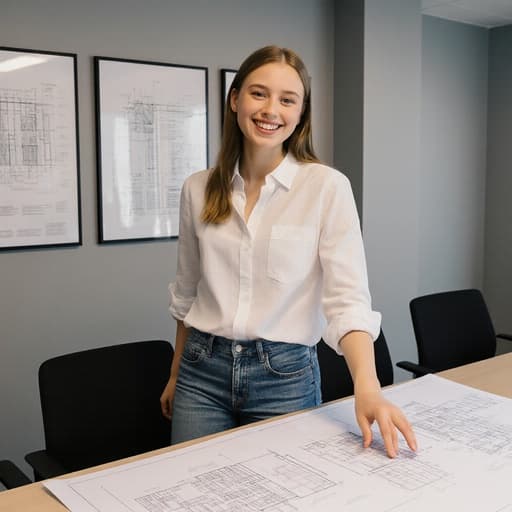밝게 웃으며 회의 테이블 위의 건축 도면을 가리키고 있는 10대 초반의 백인 소녀. 그녀는 캐주얼한 블라우스와 청바지를 입고 있으며, 모던한 디자인의 회의실에서 건축 관련 포스터가 걸려 있어 창의성과 협업의 영감을 주는 분위기를 자아냅니다.