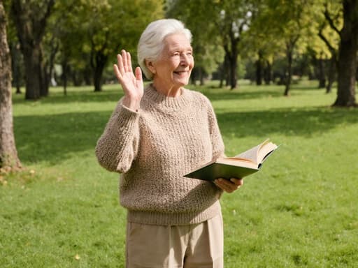 70대 백인 여성이 자연스러운 외모로 편안한 니트 스웨터와 와이드 팬츠를 입고 있으며, 한 손에 책을 들고 편안한 표정으로 주변을 바라보며 인사하는 모습입니다. 배경은 푸른 잔디와 나무들이 있는 평화로운 공원으로, 따뜻하고 초대하는 분위기를 자아냅니다.