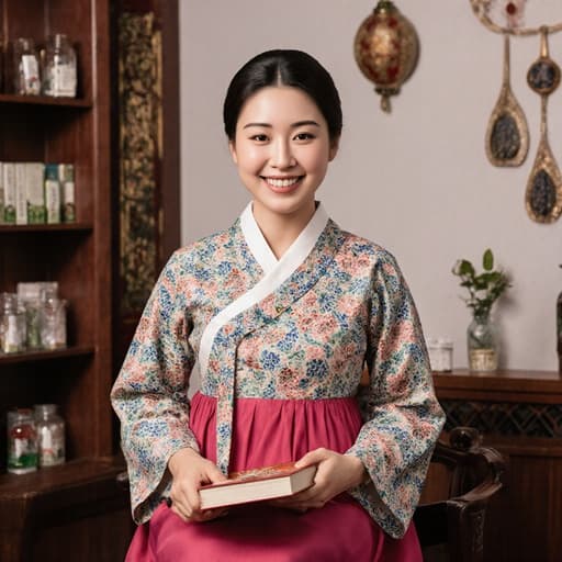 20대 중동계 여성이 자연스러운 외모와 환한 미소를 지으며 전통 한복을 입고 상담 준비를 하고 있는 모습이 반신 촬영으로 담겨 있습니다. 그녀는 한의서나 상담 도구를 들고 있으며, 아름답게 꾸며진 한의원 내부에서 차분한 분위기를 자아내고 있습니다.