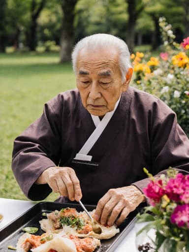 전통 한복을 입은 80대 아시아계 남성이 테이블에 앉아 지루한 표정을 짓고 전통 음식을 준비하고 있는 모습이 아름다운 공원을 배경으로 한 반신샷입니다.