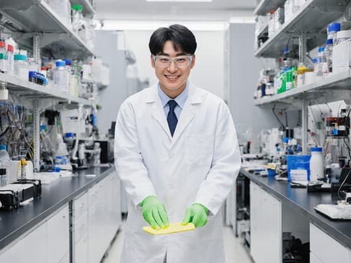 30대 한국인 남성이 연구소에서 실험복과 안전 안경을 착용하고 밝게 웃으며 최신 장비와 연구 자료가 가득한 연구실의 바닥을 청소하고 있는 모습.