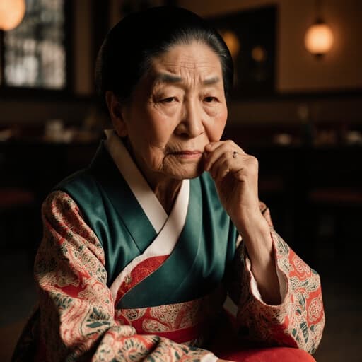 이 이미지는 80세의 아시아계 여성이 전통적인 한복을 입고 반신 촬영된 모습을 담고 있습니다. 그녀는 바닥에 우아하게 앉아 있으며, 걱정스러운 표정이 따뜻하고 초대하는 카페 배경과 대조를 이루고 있습니다. 부드러운 조명이 분위기를 강조하며, 그녀의 의상의 소매를 섬세하게 만지는 모습은 문화 유산과 현대적 편안함이 조화를 이루는 장면을 보여줍니다.