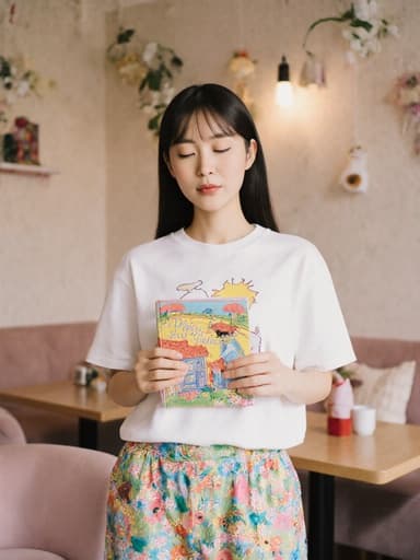 귀여운 외모의 1세 한국인 여아가 졸린 표정으로 아기자기한 카페에서 색깔이 그려진 책을 손에 들고 서 있는 전신 사진. 아기용 귀여운 티셔츠와 팬츠를 입고 있어 무고하고 편안한 분위기를 자아내며, 유쾌한 느낌을 주는 장면입니다.